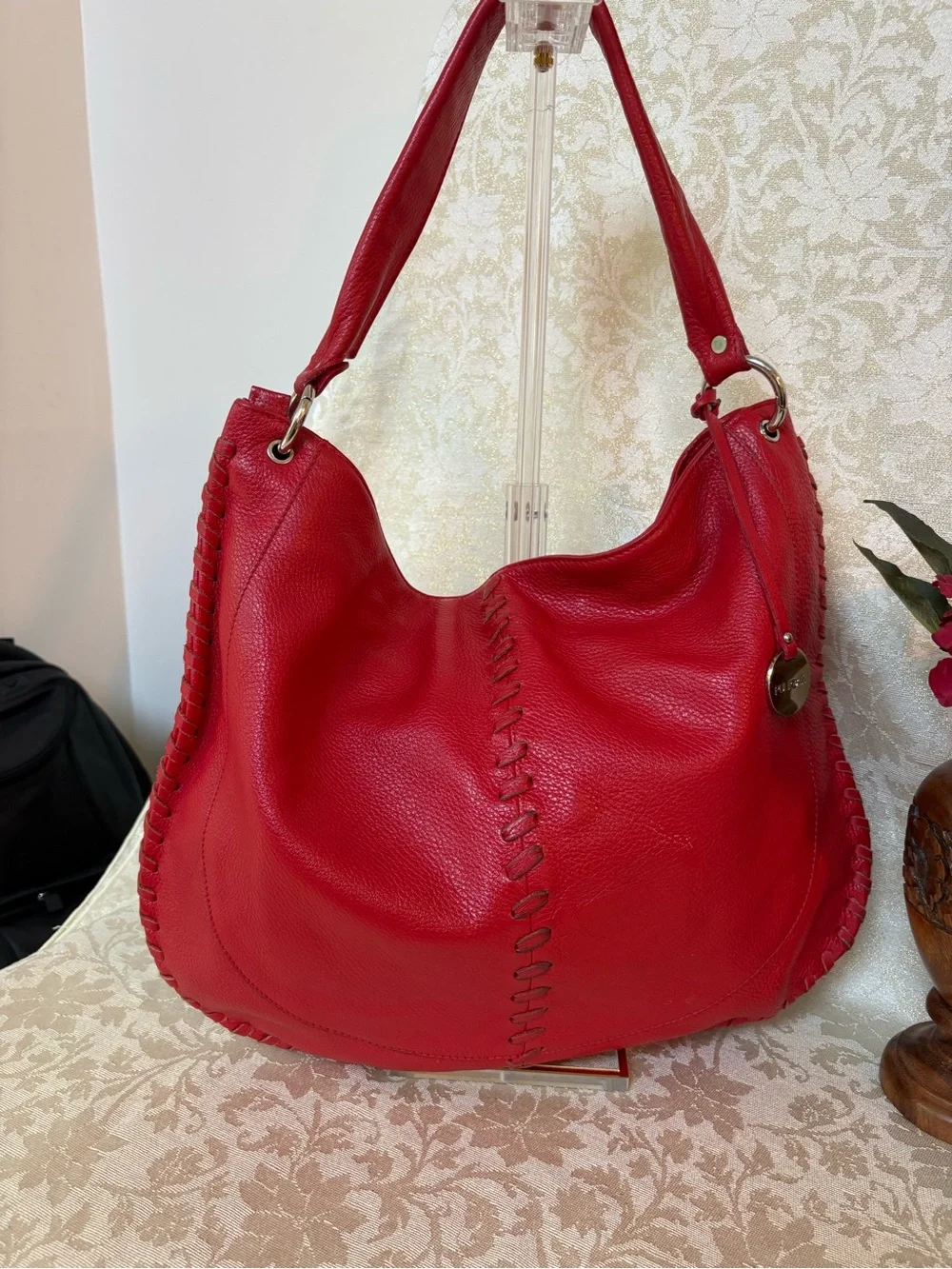 Pulicati Red Leather Whipstitched Hobo Shoulder Bag